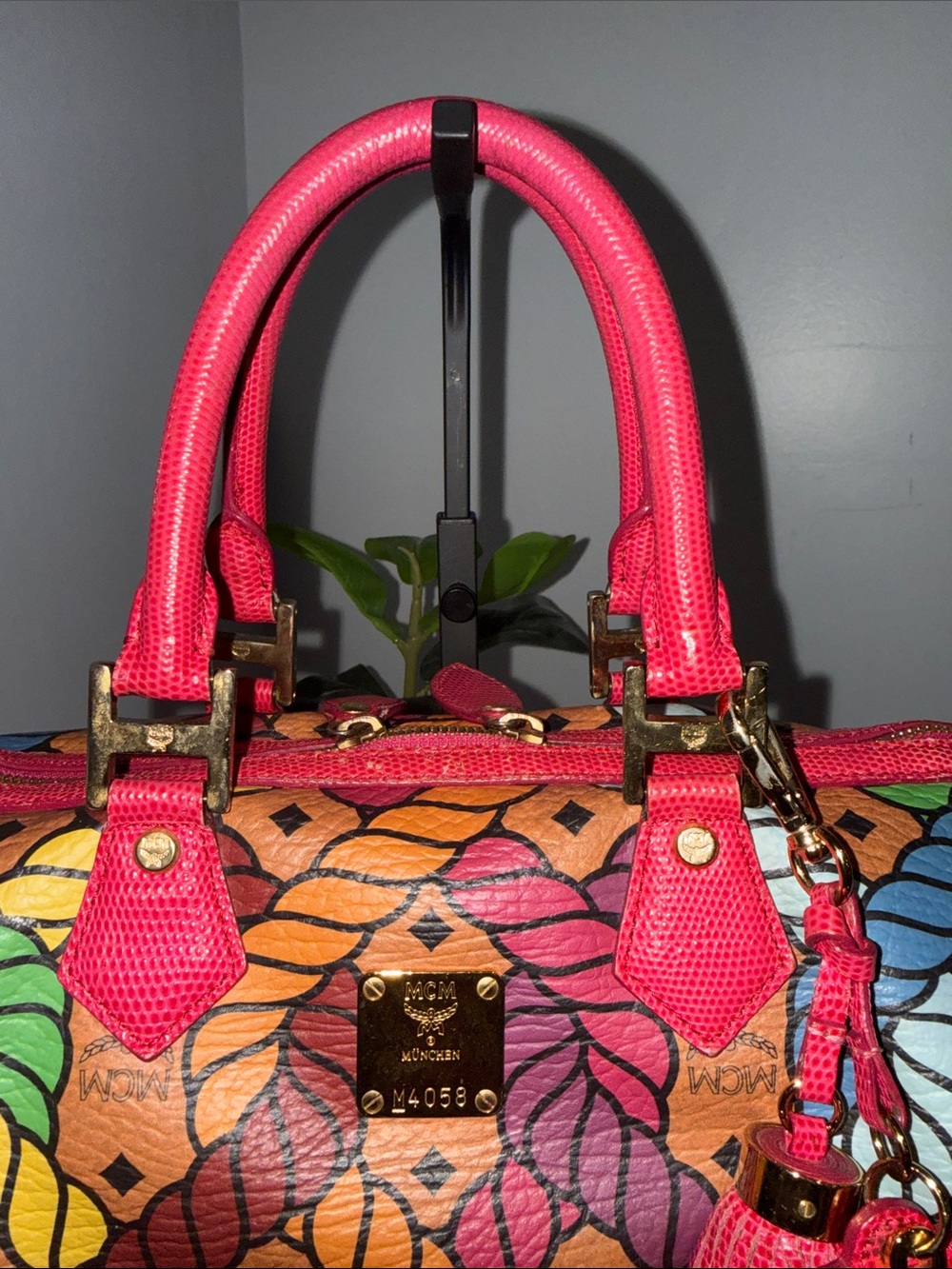Preloved. Limited edition MCM Multicolor Rope-Print Leather Satchel - Pink Trim - Picture 10 of 16